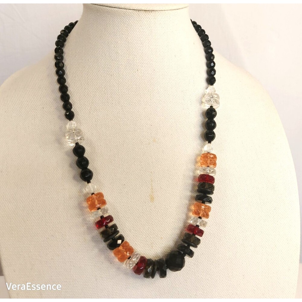 ART DECO BLACK CLEAR RED PINK FASCETTED CRYSTAL CZECH RONDELL BEADS NECKLACE VTG